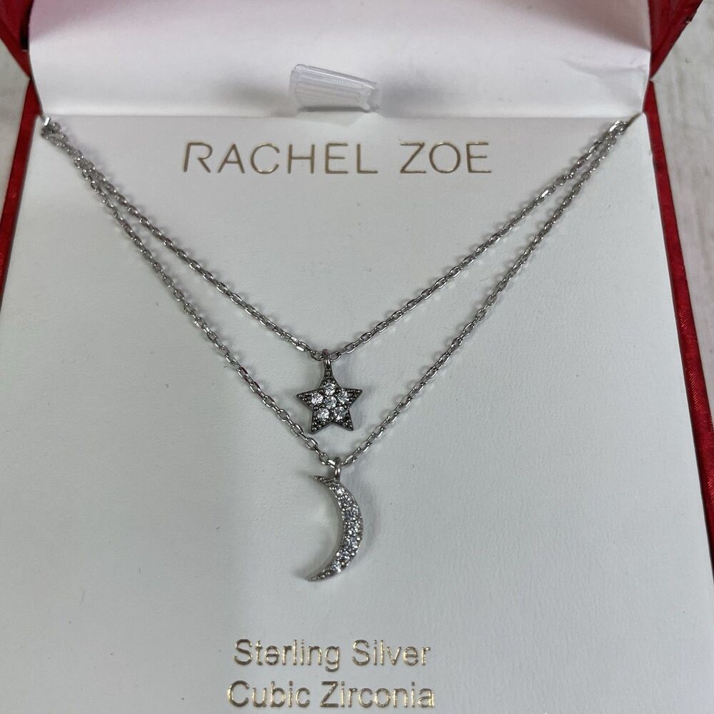 2 Layer Sun & Moon Sterling Silver W/ Cubic Zirconia Necklace Rachel Zoe - New - Picture 2 of 7